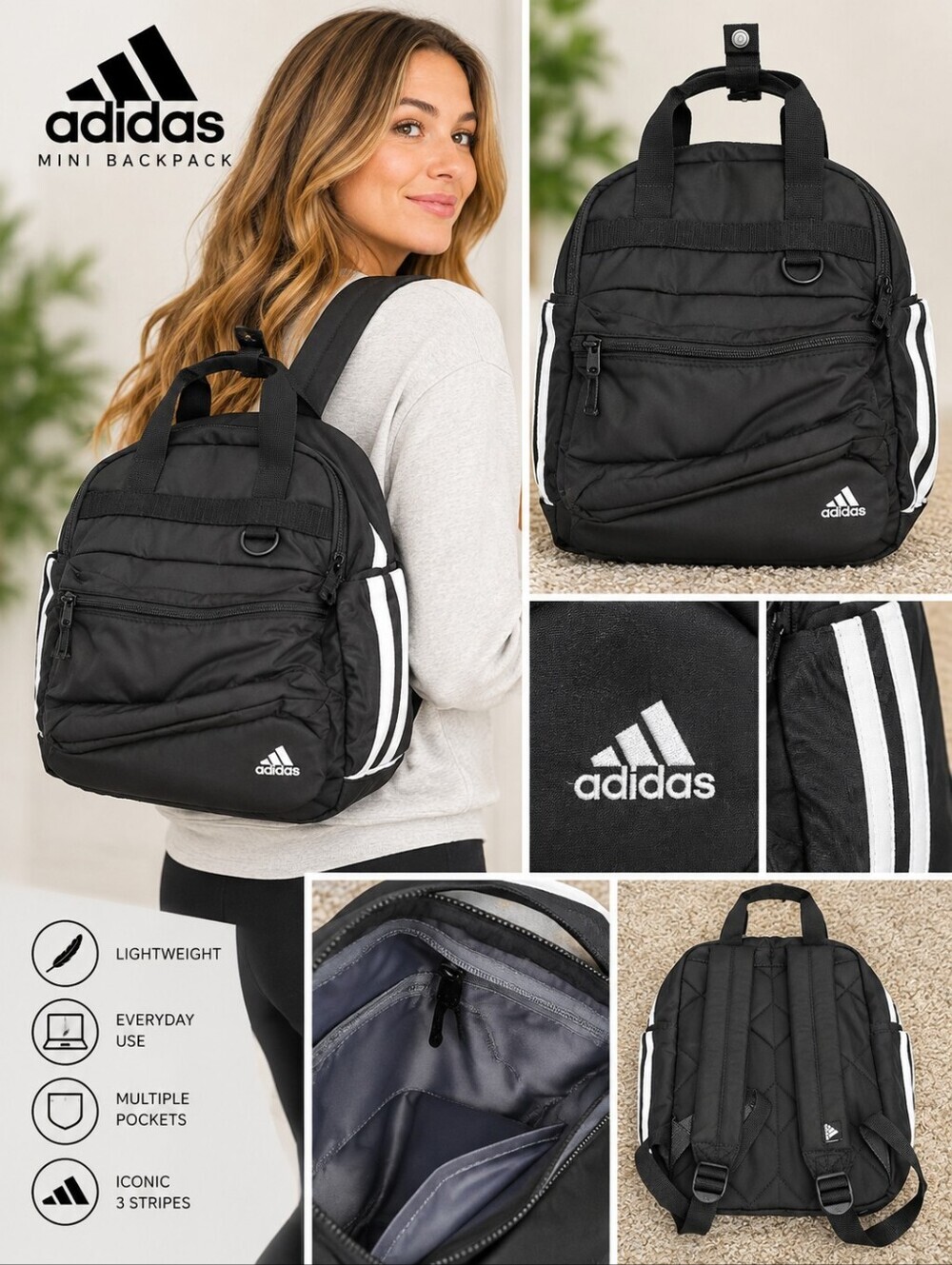 Adidas Black Backpack with White Stripes